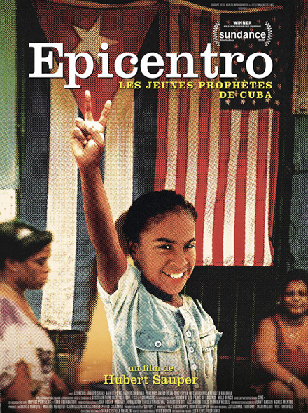 poster for Epicentro; girl holds up 2 fingers in victory