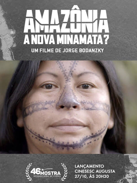 poster for Amazonia, A new Minamata?; indigenous woman with face tattoos looks into camera