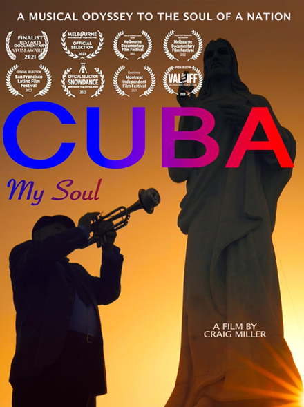 poster for Cuba, My Soul; a man plays trumpet backlit by sunset