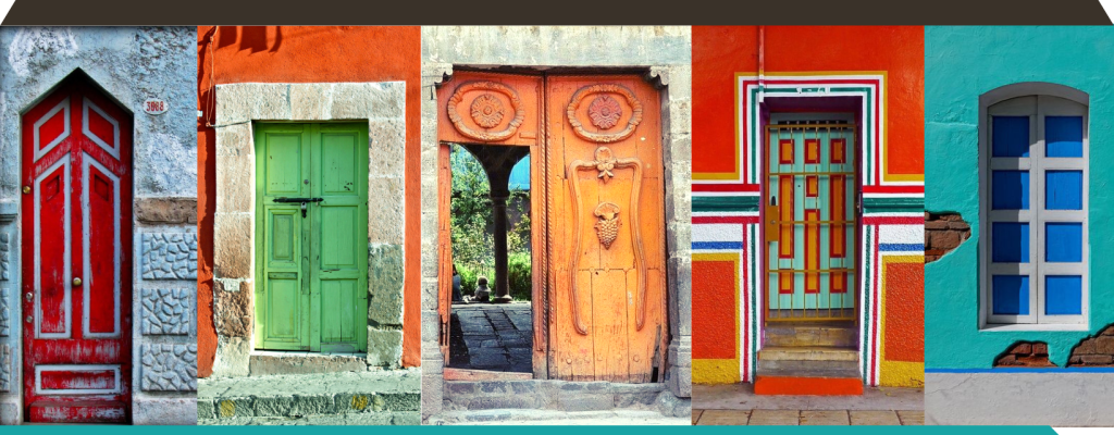 2025 logo for the NCCLAS conference; 5 colorful doorways from Latin America